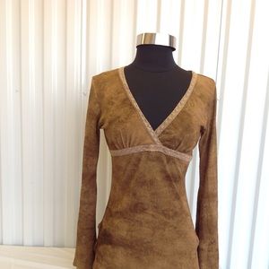 BROWN BODY CON SLASHED LONG SLEEVE BLOUSE